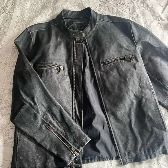 Wilson’s Leather Motorcycle Jacket Faded Black Distressed Full Zip Moto Large - Picture 1 of 12